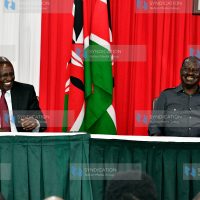 President William Ruto confers with ODM Party Leader Raila Odinga