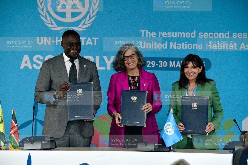 Mayor of Paris, France Anne Hidalgo, UN-Habitat Executive Director Anaclaudia Rossbach and Nairobi County Governor Johnson Sakaja