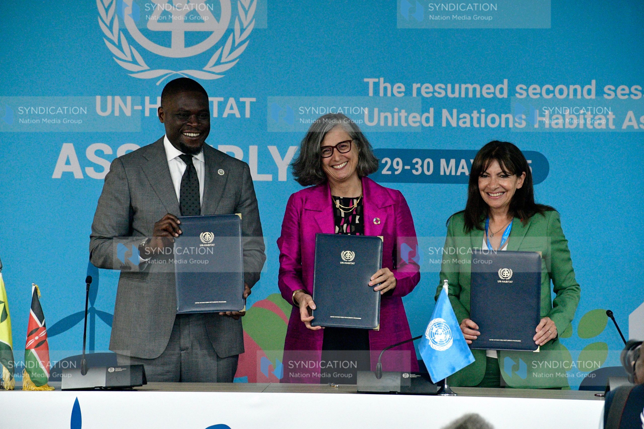 Mayor of Paris, France Anne Hidalgo, UN-Habitat Executive Director Anaclaudia Rossbach and Nairobi County Governor Johnson Sakaja