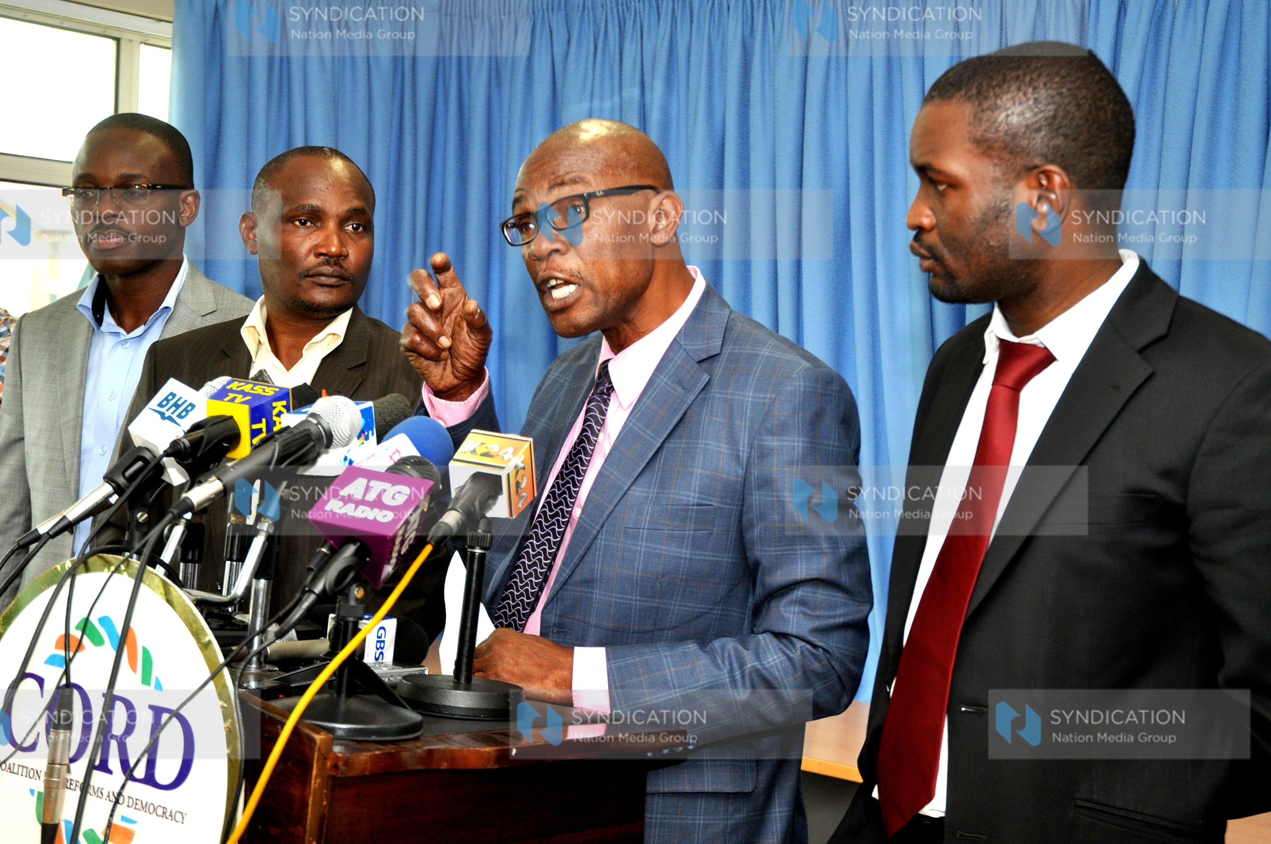 Homabay Senator Moses Kajwang, ODM Chairman John Mbadi, Tongareni MP Eseli Simiyu and Lawyer Edwin Sifuna