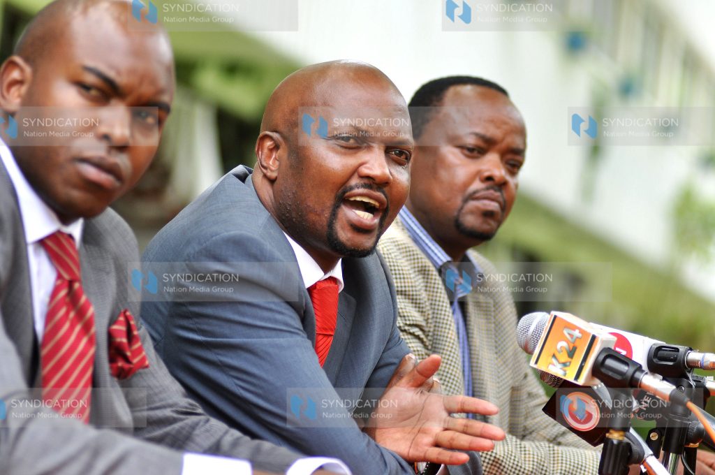 Gatundu South MP Moses Kuria, accompanied by Former Emgwen MP Stephen Tarus