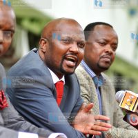 Gatundu South MP Moses Kuria, accompanied by Former Emgwen MP Stephen Tarus