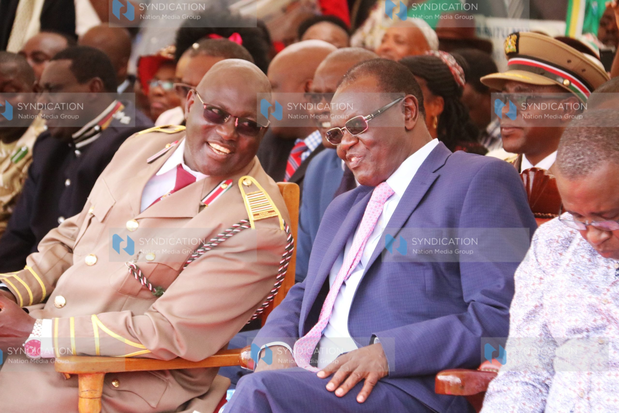 Meru Governor Kiraitu Murungi chats with County Commissioner Allan Machari