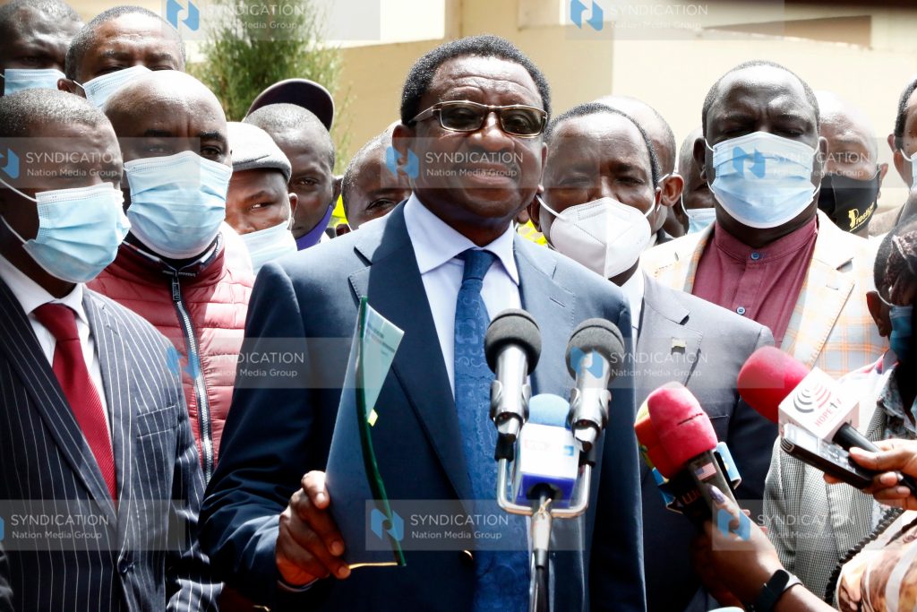 Siaya Senator James Orengo (left) briefs the media