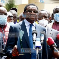 Siaya Senator James Orengo (left) briefs the media