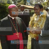 Vice President Kalonzo Musyoka converses with Bishop Salesius Mugambi