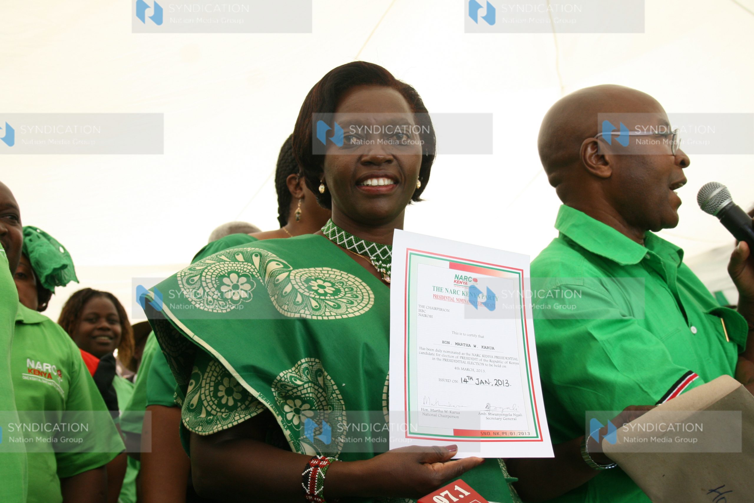 Martha Karua displays her presidential candidate nomination certificate