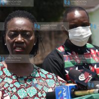 Martha Karua and Ukweli Party leader Boniface Mwangi addressing journalists