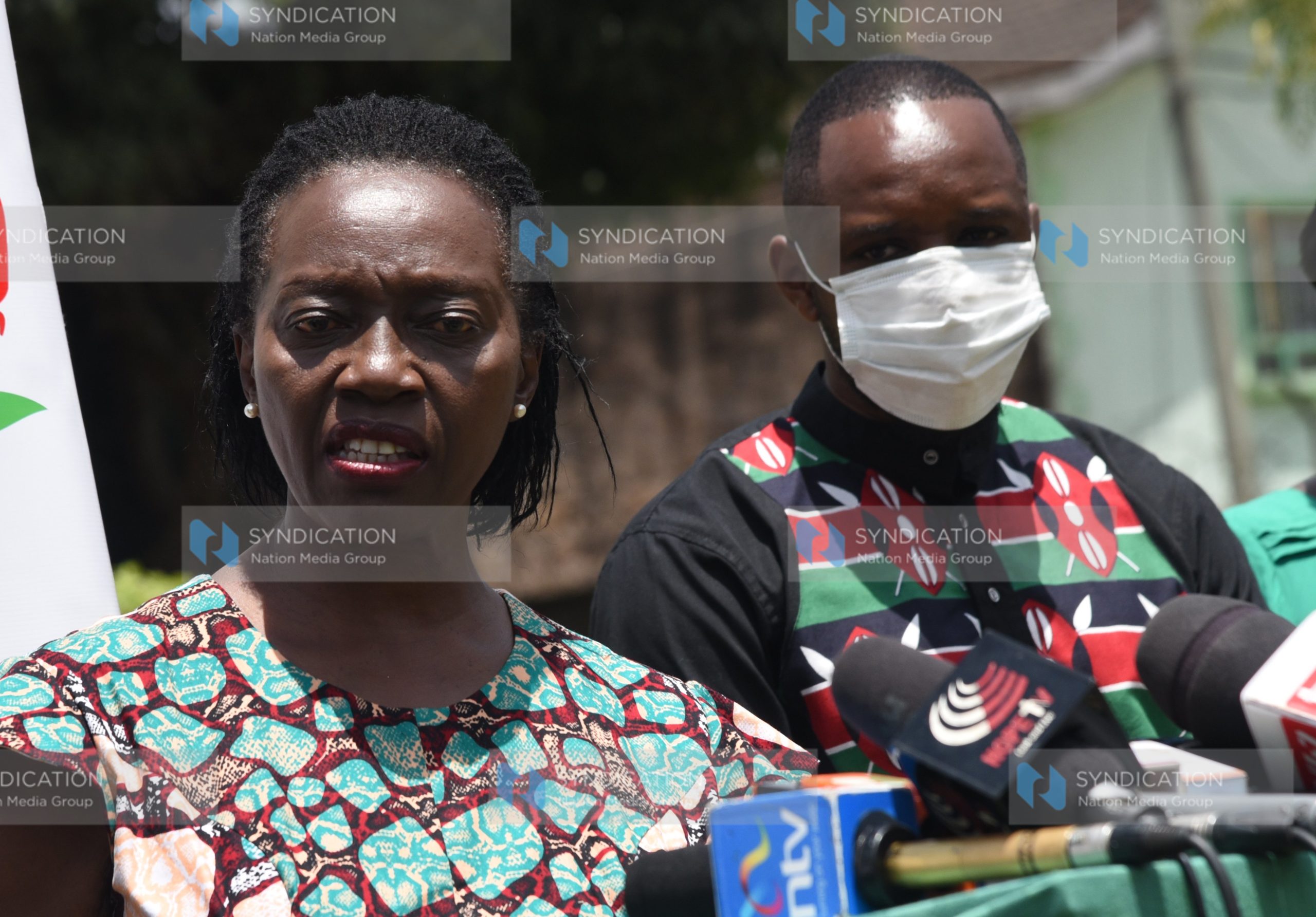 Martha Karua and Ukweli Party leader Boniface Mwangi addressing journalists