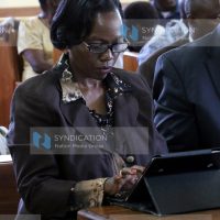 Martha Karua follows proceedings during a hearing of a petition