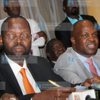 Prof. Anyang' Nyong'o's running mate Dr Mathew Ochieng Owili (right), address Journalists