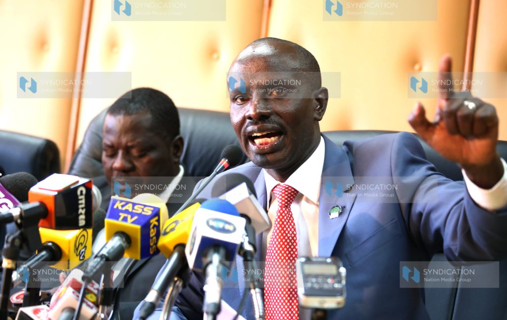 (KNUT) Secretary General Wilson Sossion (Right) addressing the press