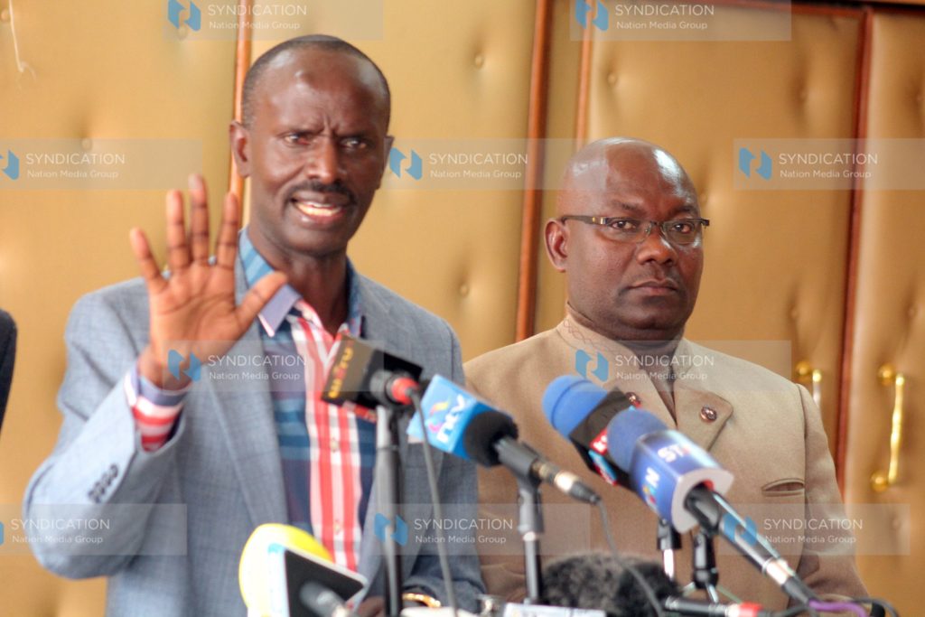 Wilson Sossion (Left) and acting Chair Wycliffe Etole Omuchei addressing journalists