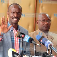 Wilson Sossion (Left) and acting Chair Wycliffe Etole Omuchei addressing journalists