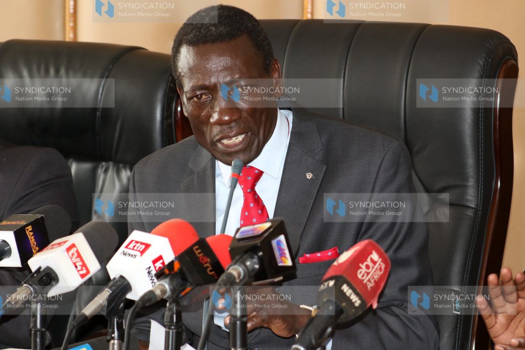 Kenya National Union of Teachers (KNUT) Secretary General Collins Oyuu addressing journalist