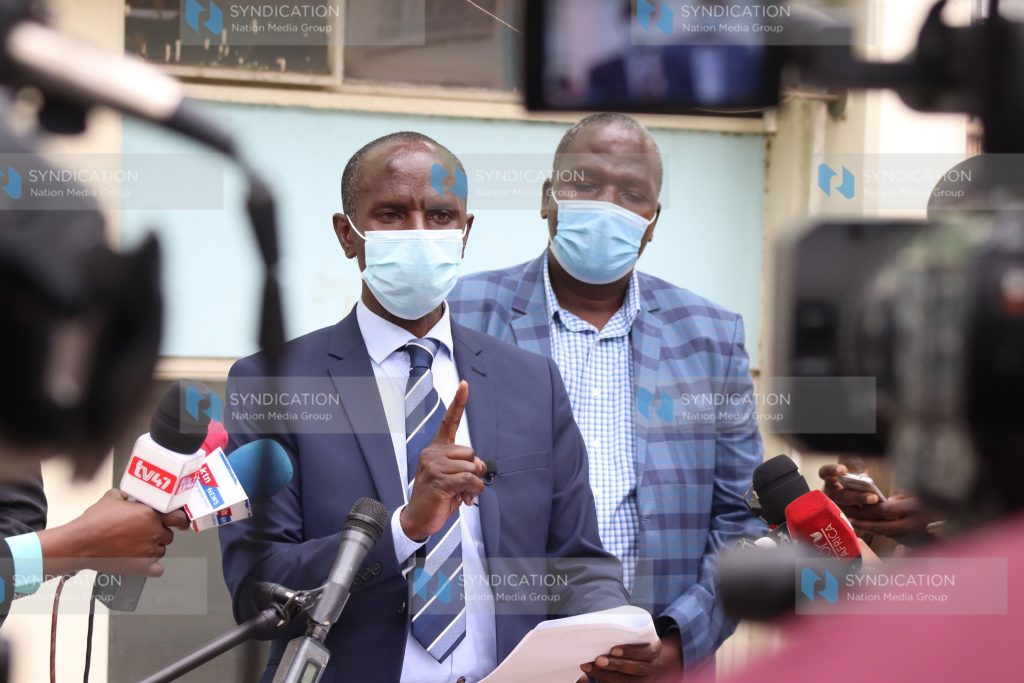 (KNUT) Secretary General Wilson Sossion with national treasurer John Matiang'i (r)