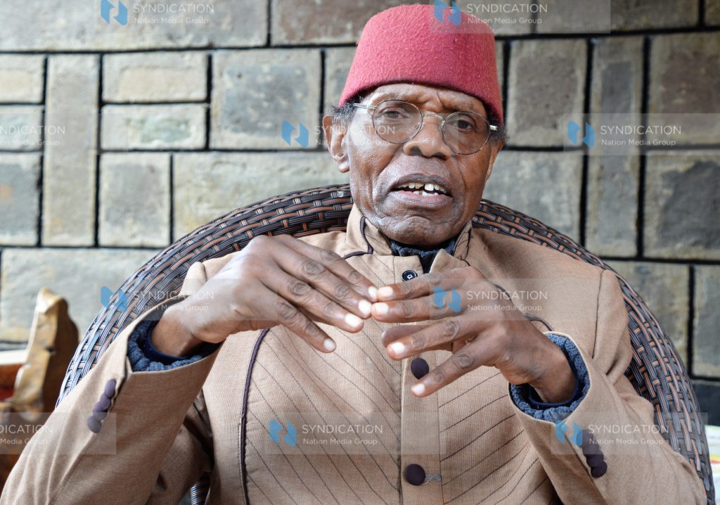 Mr. Koigi wa Wamwere, who was detained with Raila Odinga, speaks at his Engashura farm in Bahati