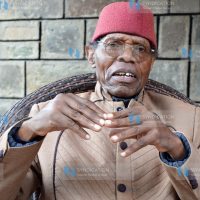 Mr. Koigi wa Wamwere, who was detained with Raila Odinga, speaks at his Engashura farm in Bahati