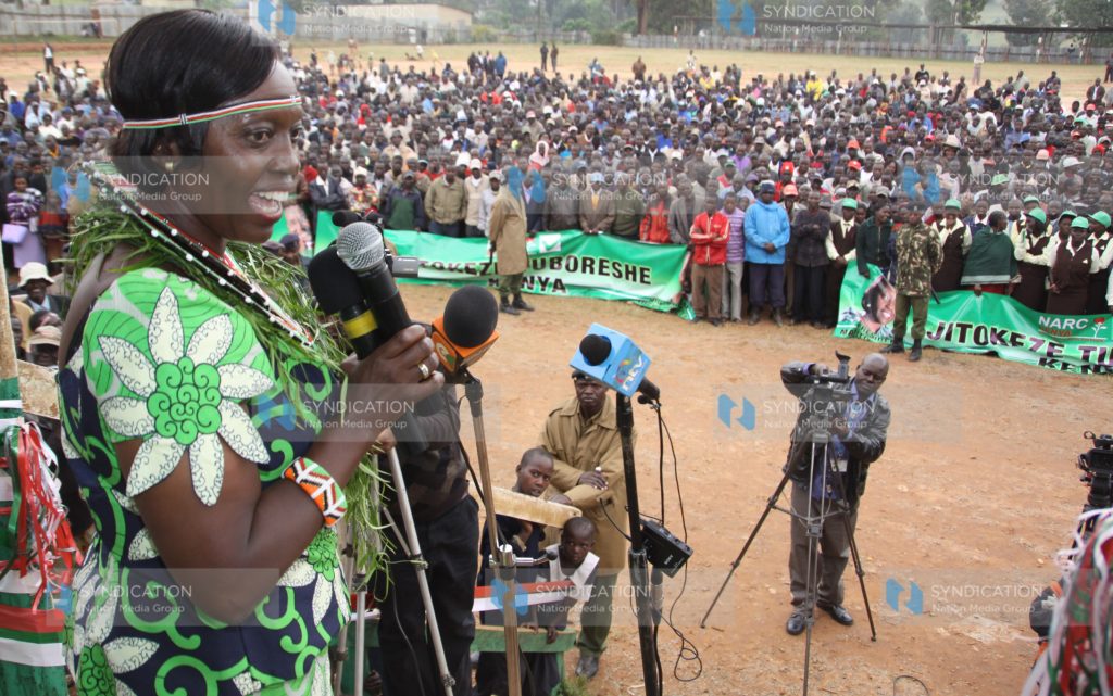 Martha Karua addresses a rally at Makutano Stadium in Kapenguria