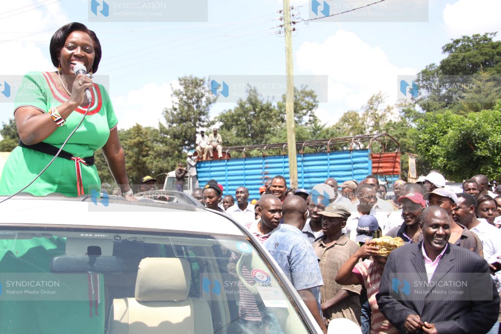 Martha Karua addresses members of the public during her campaign