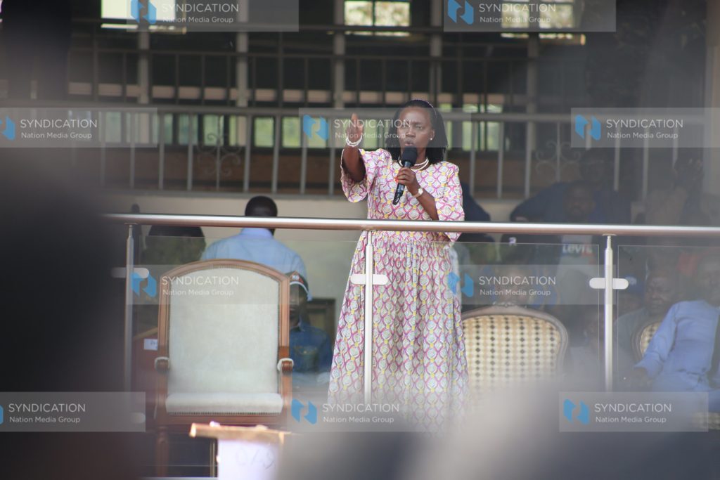 Martha Karua addresses a public rally at Gusii Stadium