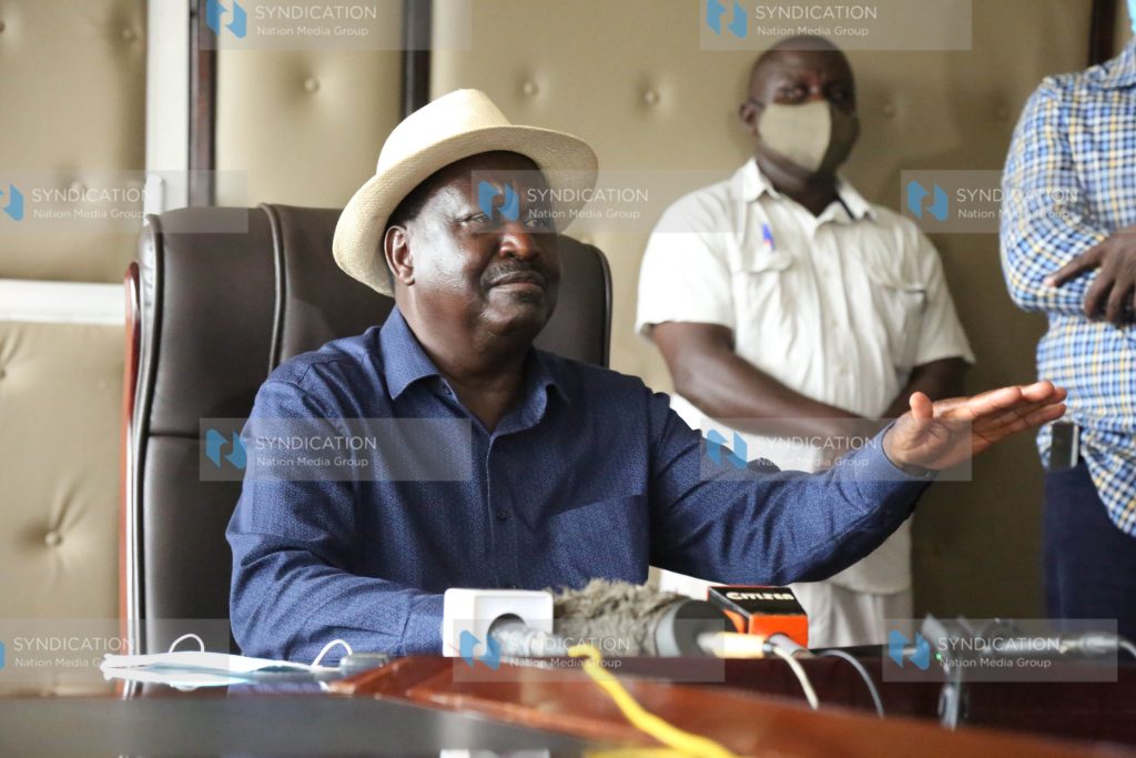 ODM leader Raila Odinga gestures during a press briefing