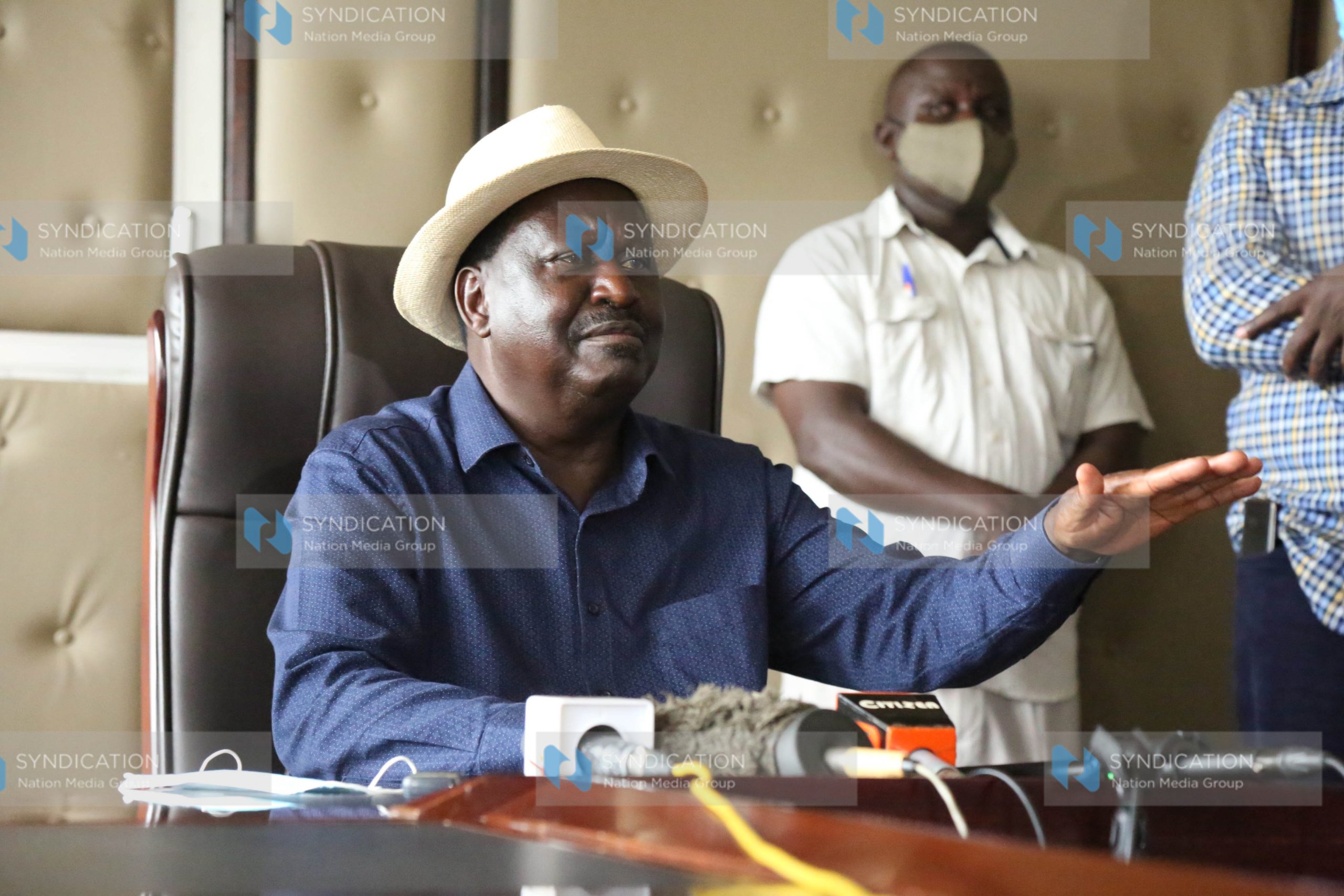 ODM leader Raila Odinga gestures during a press briefing