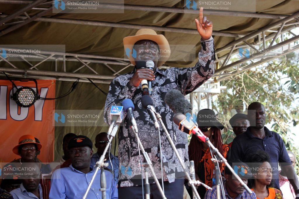 Raila Odinga addresses a crowd at a rally in Ugunja