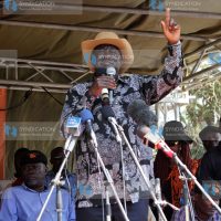Raila Odinga addresses a crowd at a rally in Ugunja