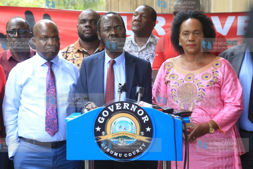 Kisumu County leaders led by Governor Anyang’ Nyong’o (centre)