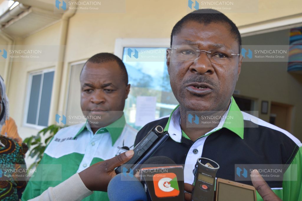 Moses Wetangula (right) and Kiminini MP Chris Wamalwa address the media