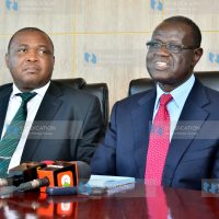 Meru County Senator Kiraitu Murungi (right) addressing media