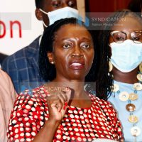 Martha Karua gestures during a media briefing