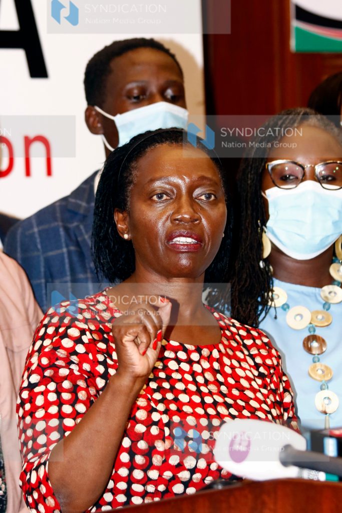 Martha Karua gestures during a media briefing