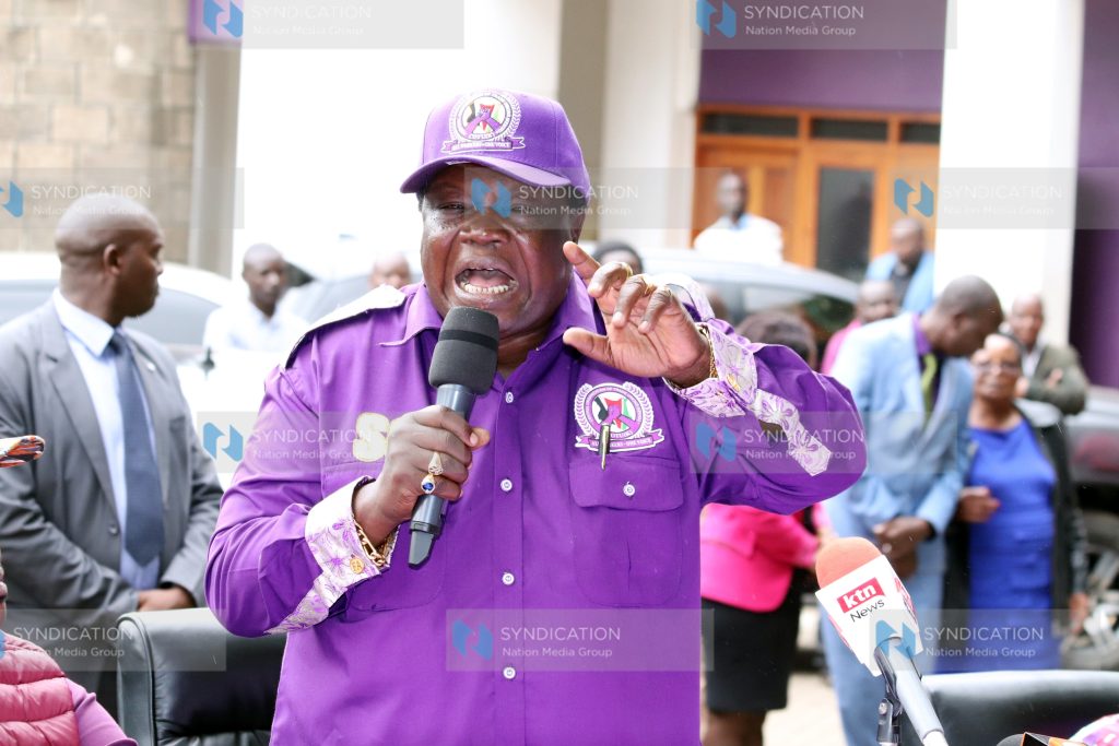 Francis Atwoli speaking at the Solidarity Building Headquarters