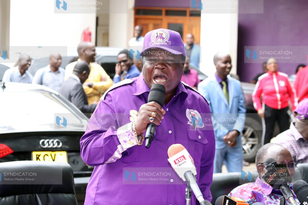 Francis Atwoli speaking at the Solidarity Building Headquarters