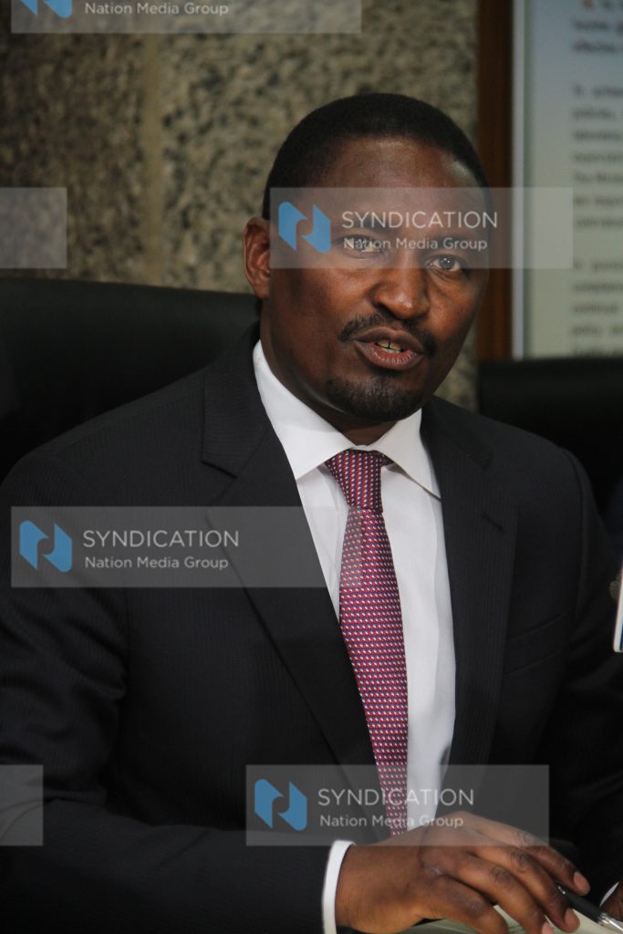 Cabinet Secretary Mwangi Kiunjuri addressing the media at Kilimo house