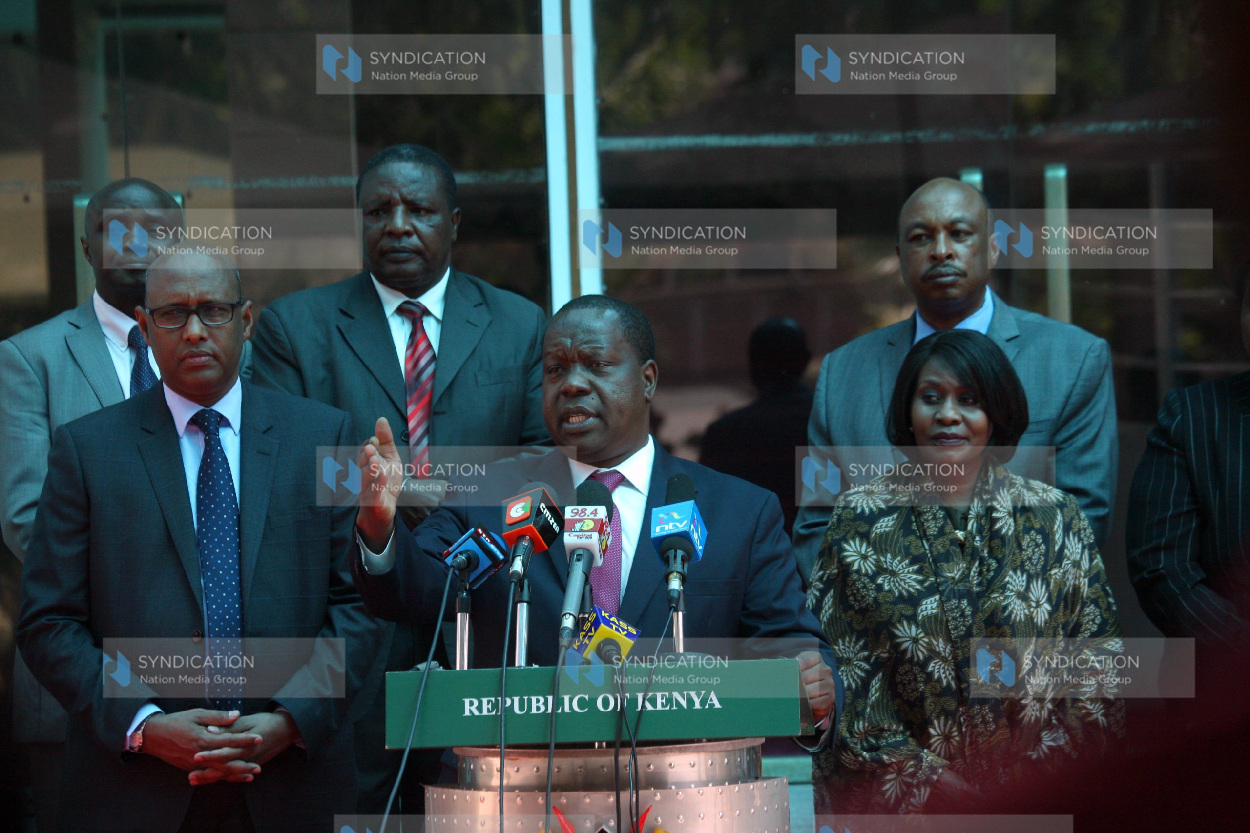 Government officials in addressing journalists at Harambee House