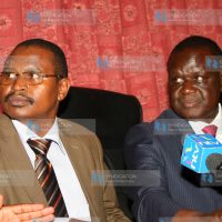 Kiraitu Murungi (right) and Igembe North MP Joseph M'toerwaki addressing journalists