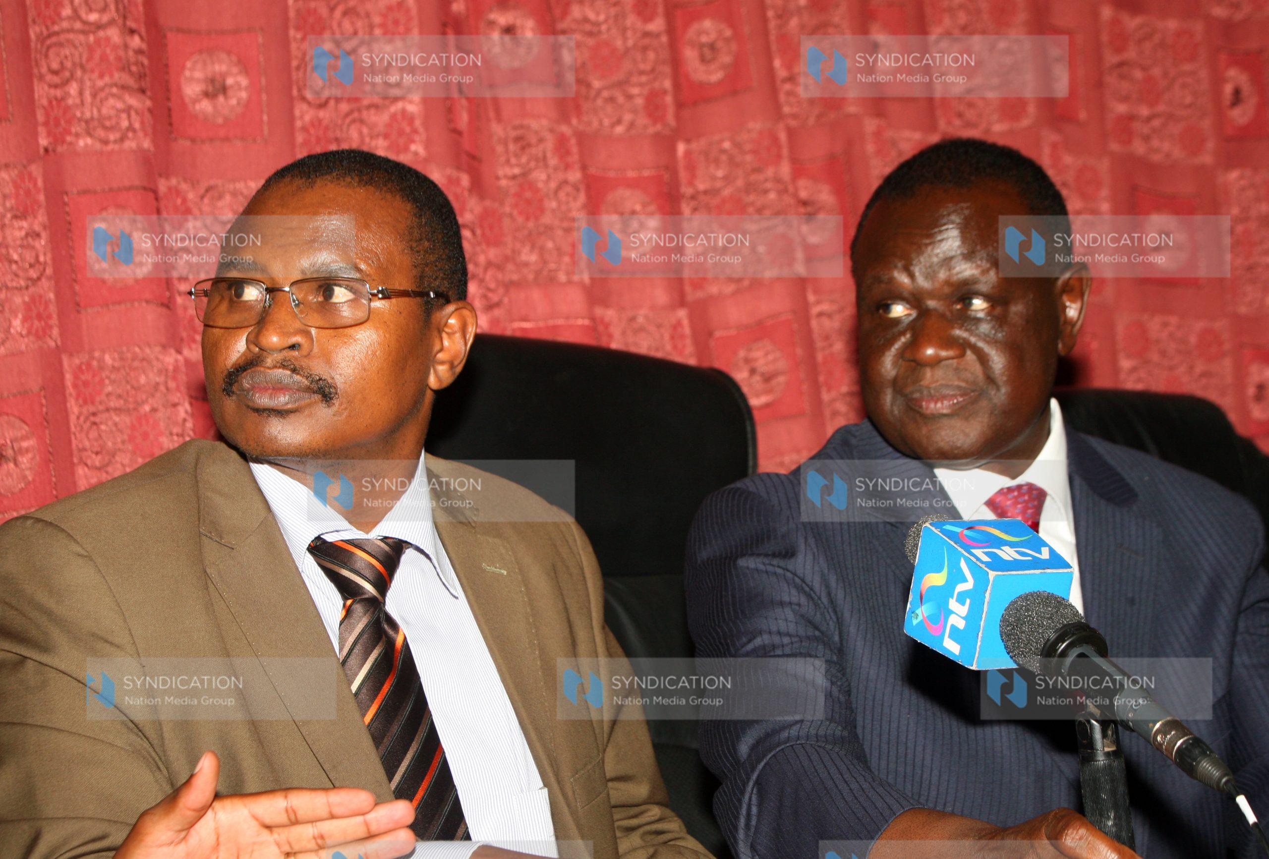 Kiraitu Murungi (right) and Igembe North MP Joseph M’toerwaki addressing journalists