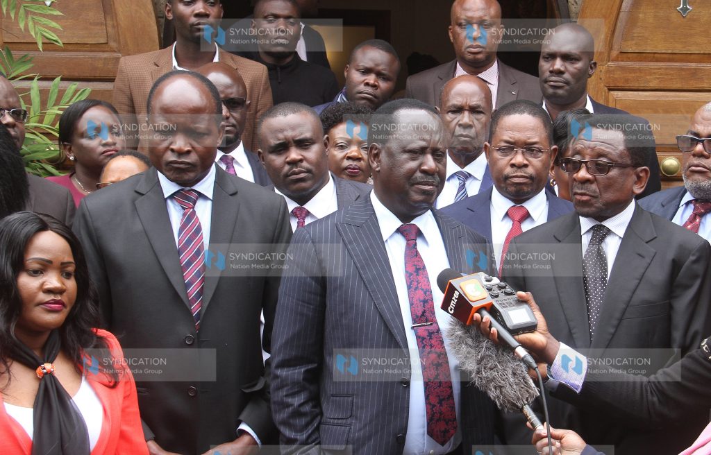 ODM Leader Raila Odinga leads other party members in a press conference