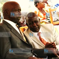 Former President Daniel arap Moi speaks to his former State House Comptroller, Mr. Abraham Kiptanui