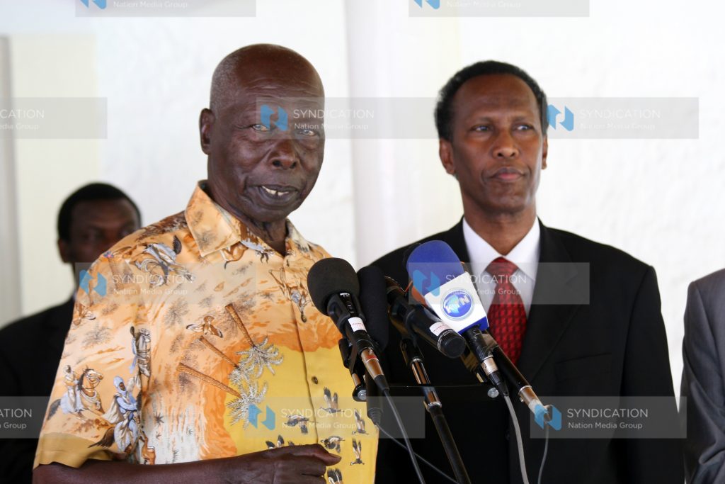 Former President Daniel arap Moi (left) addresses a press conference