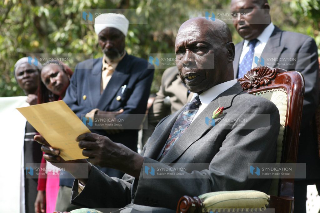 Former President Daniel arap Moi addresses a media briefing