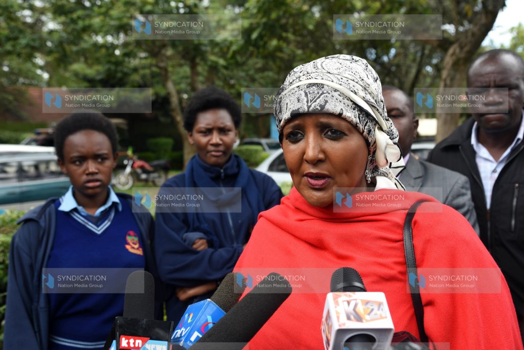 Education Cabinet Secretary Amina Mohamed addressing journalists