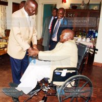 Former President Daniel Arap Moi consoles the ailing Gen. Jackson Mulinge