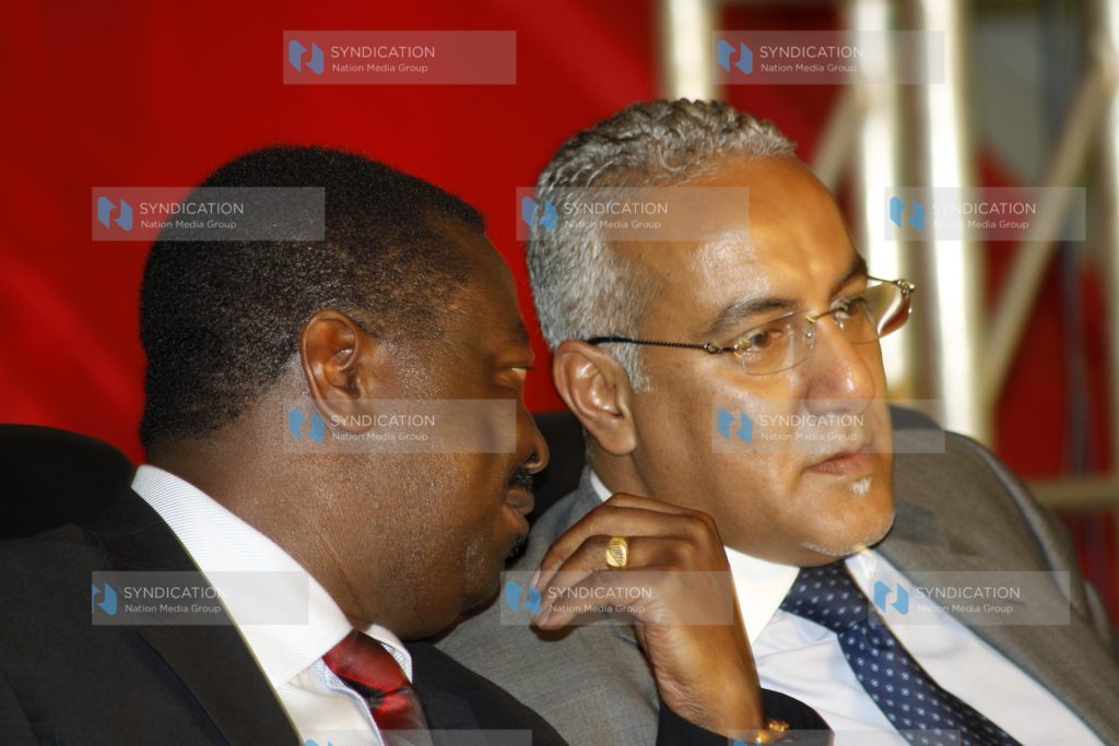 Musalia Mudavadi chats with Najib Balala (right)