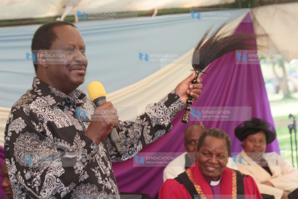 Former Prime Minister Raila Odinga addresses guests at his Opoda Farm