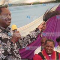 Former Prime Minister Raila Odinga addresses guests at his Opoda Farm