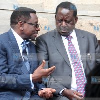 NASA leader Raila Odinga shares a word with Senate leader of Minority James Orengo